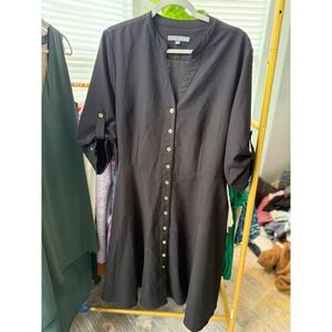 Sharagano Curve Black Button Front V Neck Roll Tab Sleeve Midi Dress Plus XXL